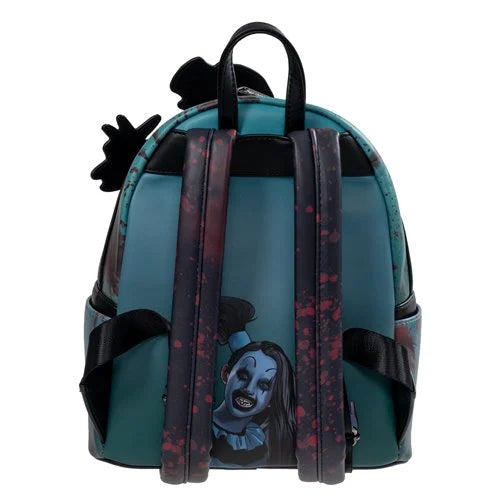 Backpack with character design on straps against a white background