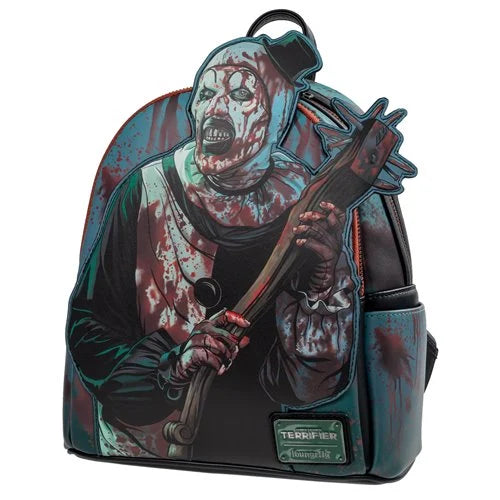 Backpack with a horror-themed design featuring a character with a knife on a white background