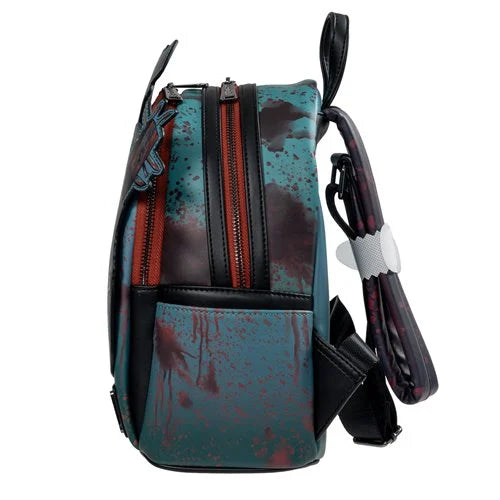 Backpack with a blue and black pattern on a white background