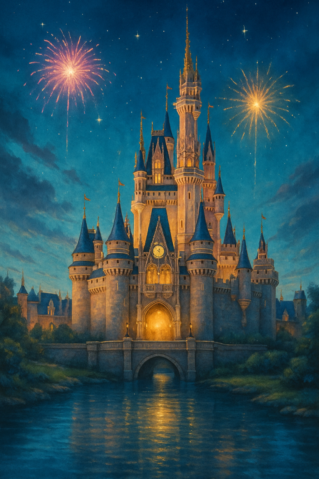 Fantasy castle with fireworks against a night sky