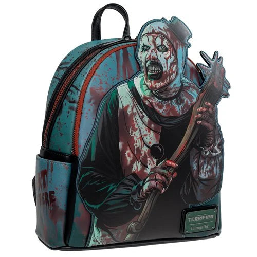 Backpack with a graphic design of a horror-themed character on a white background