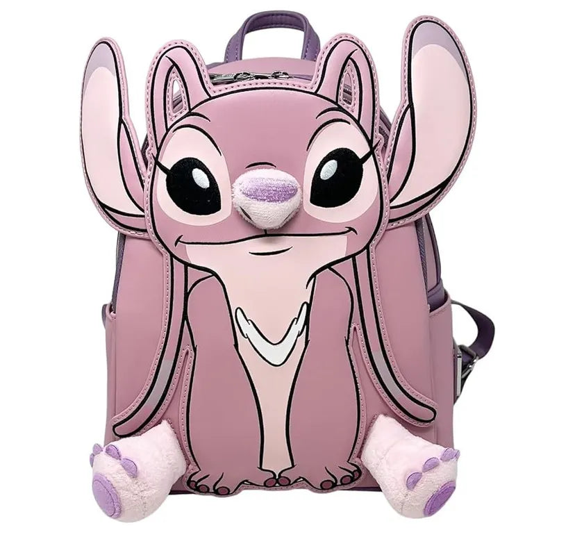 Backpack shaped like a cartoon character with a pink and purple color scheme on a white background