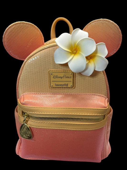 Loungefly Disney Aulani Resort Sequin Peach Paradise Plumeria Mini Backpack