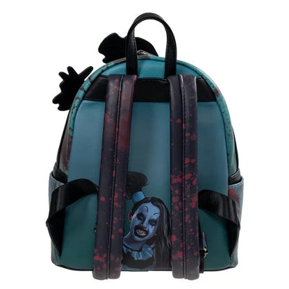 Backpack with character design on straps against a white background