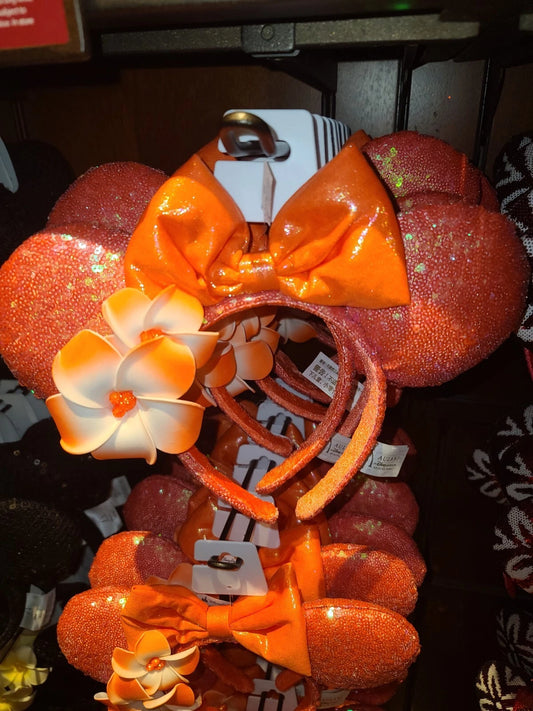 Disney Aulani Hawaii Minnie Ears Headband Plumeria coral Jewels Disneyland rare
